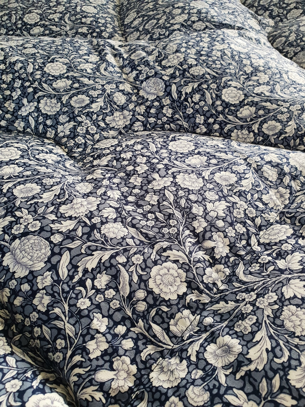 Close up of Classic Etched Floral Navy Blue Eiderdown