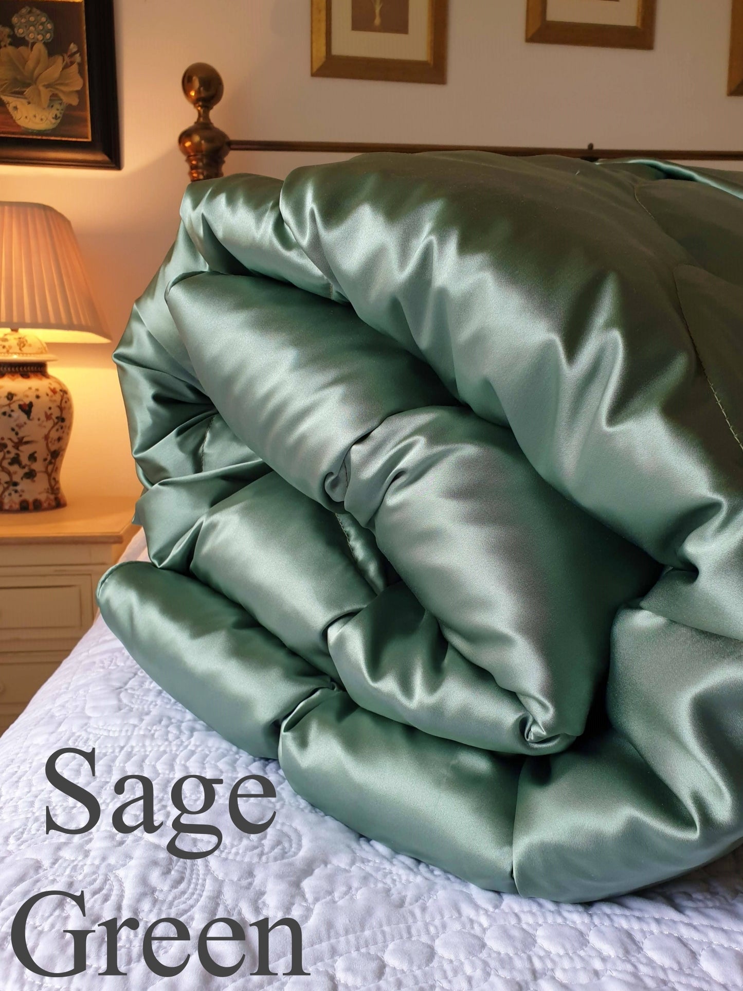 sage green 100% silk eiderdown in bedroom