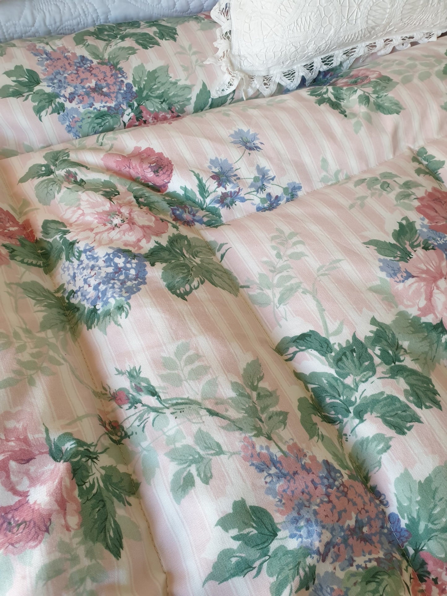 Pale Pink Striped Floral Cotton Eiderdown - SINGLE & LAST ONE!