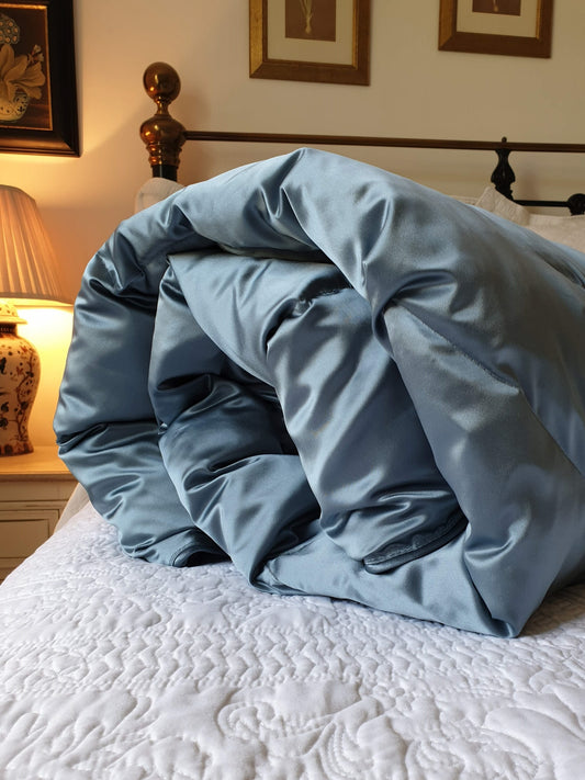 Blue Grey 100% Silk Satin Eiderdown in bedroom